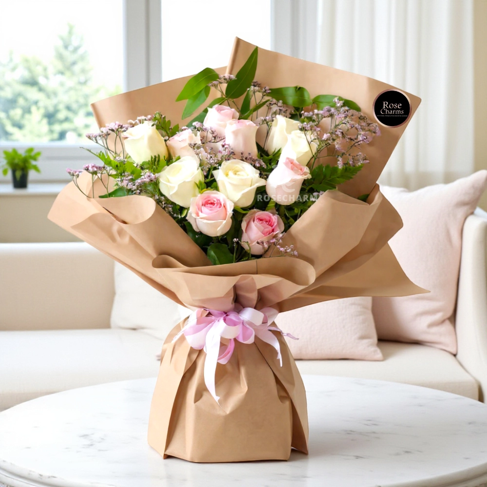 A bouquet of red and pink roses in a nice wrapping